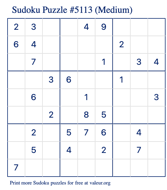 Free Printable Medium Sudoku Puzzle number 5113