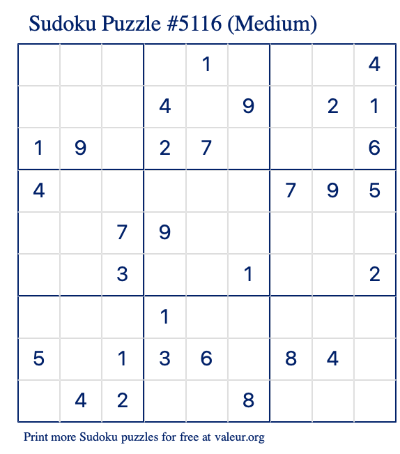 Free Printable Medium Sudoku Puzzle number 5116