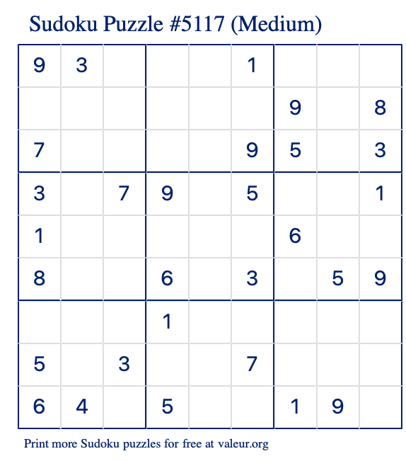 Free Printable Medium Sudoku Puzzle number 5117