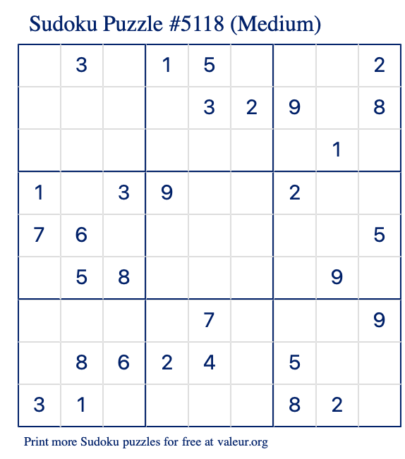 Free Printable Medium Sudoku Puzzle number 5118