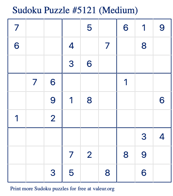Free Printable Medium Sudoku Puzzle number 5121