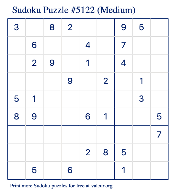 Free Printable Medium Sudoku Puzzle number 5122