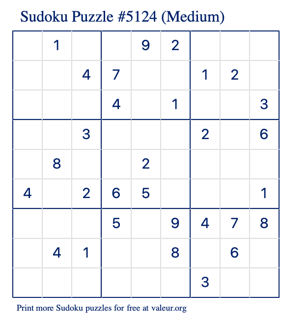 Free Printable Medium Sudoku Puzzle number 5124