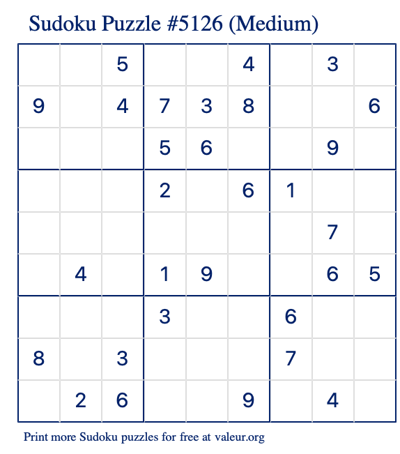 Free Printable Medium Sudoku Puzzle number 5126
