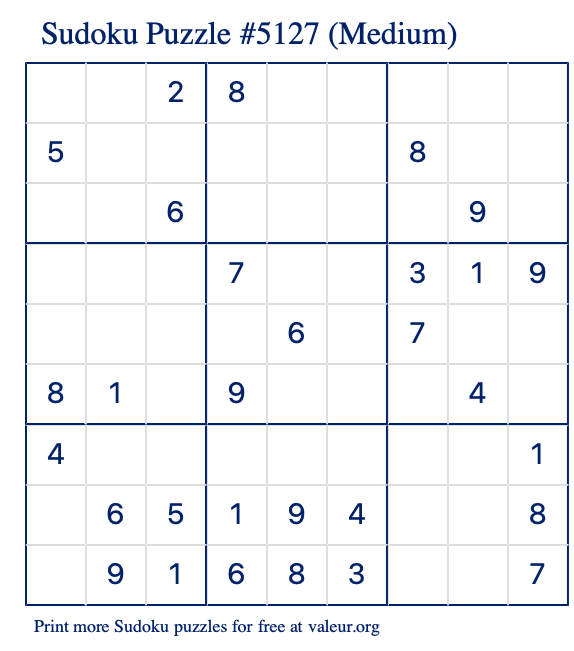 Free Printable Medium Sudoku Puzzle number 5127