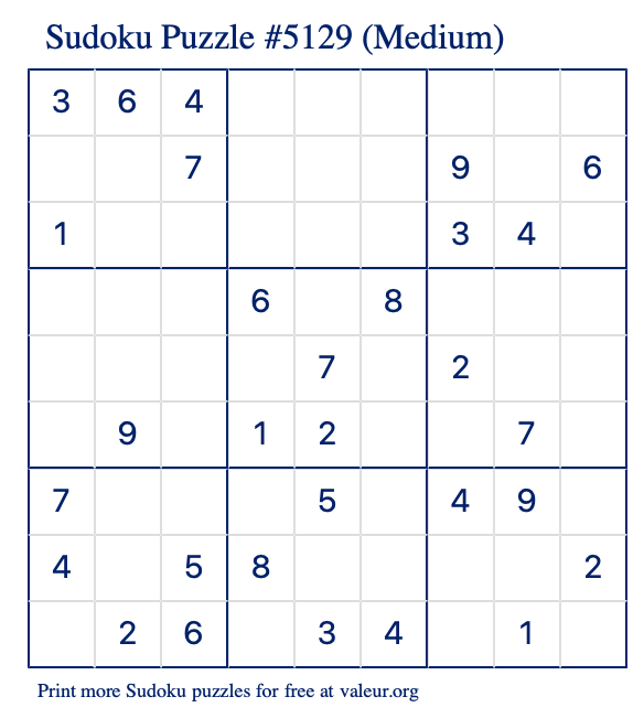 Free Printable Medium Sudoku Puzzle number 5129