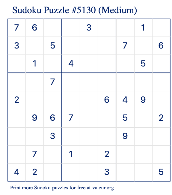 Free Printable Medium Sudoku Puzzle number 5130
