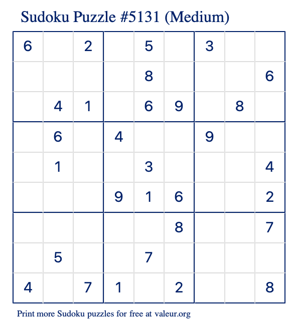 Free Printable Medium Sudoku Puzzle number 5131