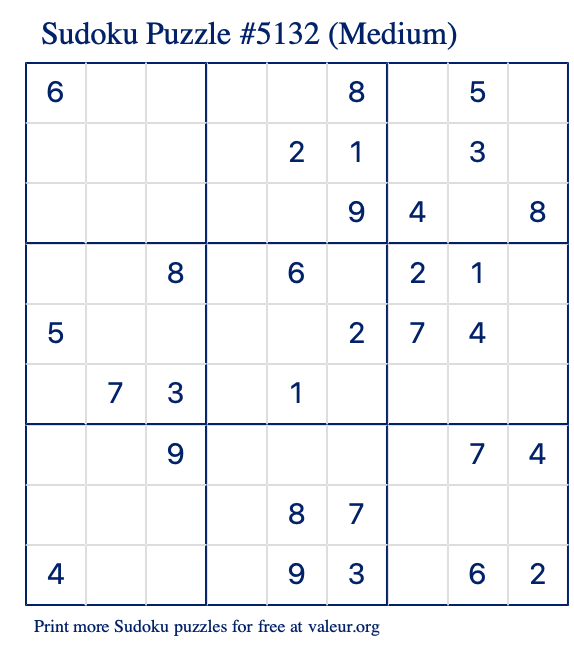 Free Printable Medium Sudoku Puzzle number 5132