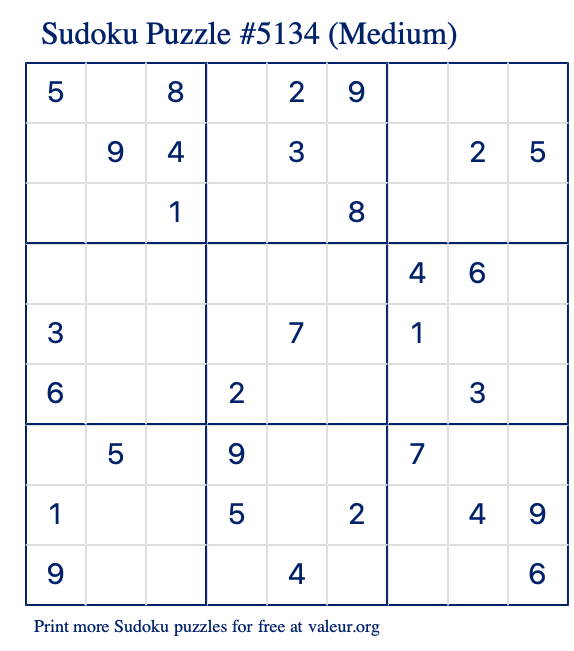 Free Printable Medium Sudoku Puzzle number 5134