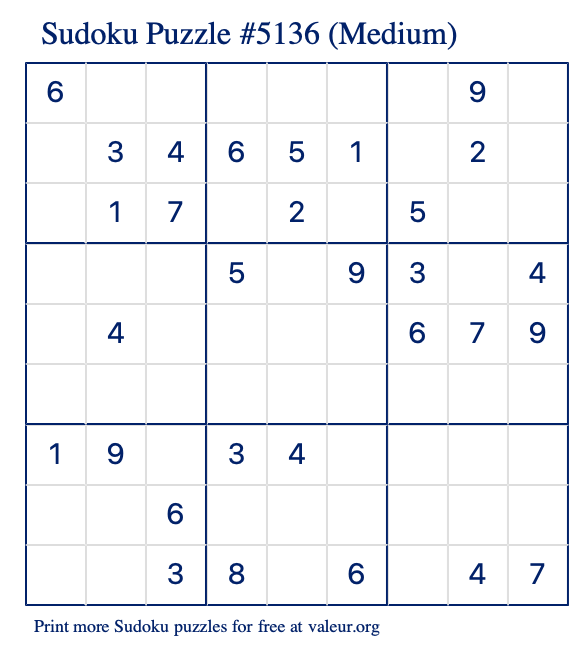 Free Printable Medium Sudoku Puzzle number 5136