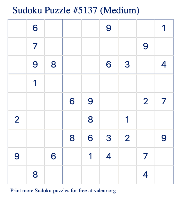 Free Printable Medium Sudoku Puzzle number 5137
