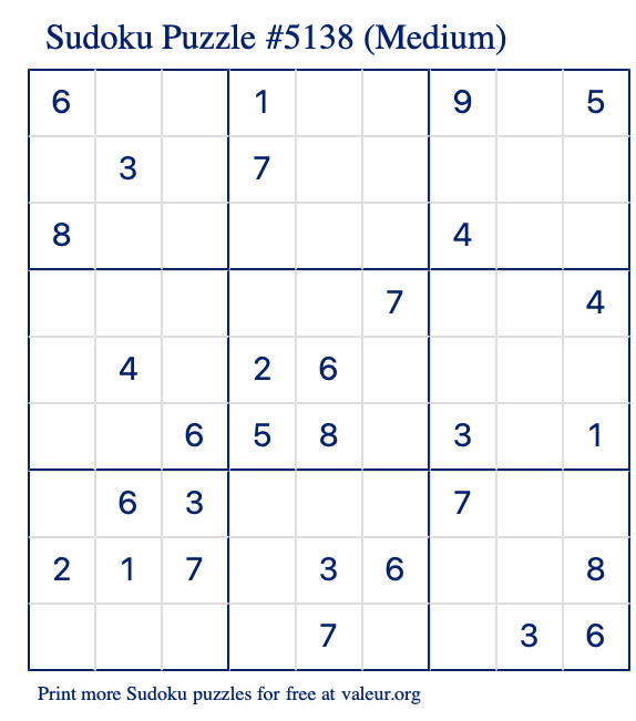 Free Printable Medium Sudoku Puzzle number 5138