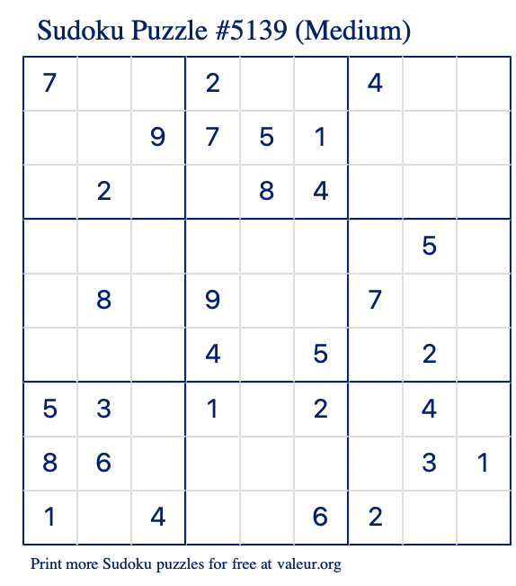 Free Printable Medium Sudoku Puzzle number 5139