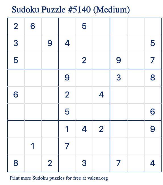 Free Printable Medium Sudoku Puzzle number 5140