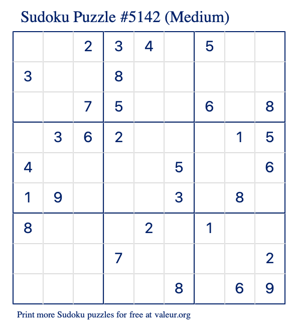 Free Printable Medium Sudoku Puzzle number 5142