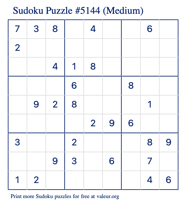 Free Printable Medium Sudoku Puzzle number 5144