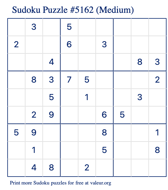 Free Printable Medium Sudoku Puzzle number 5162