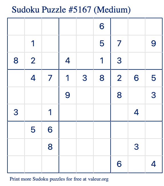 Free Printable Medium Sudoku Puzzle number 5167