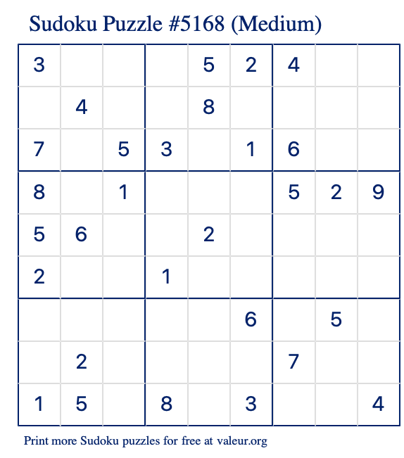 Free Printable Medium Sudoku Puzzle number 5168