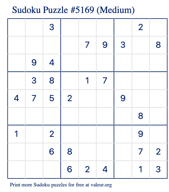 Free Printable Medium Sudoku Puzzle number 5169