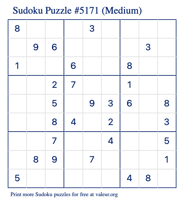 Free Printable Medium Sudoku Puzzle number 5171