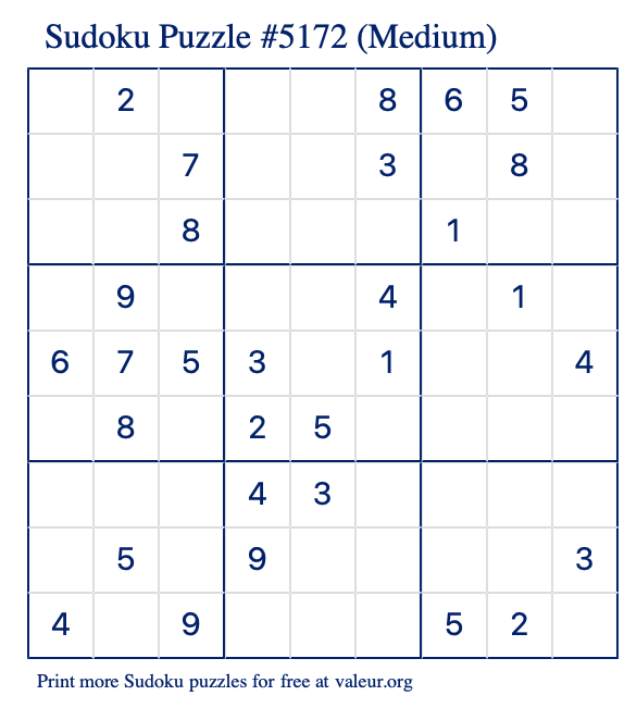 Free Printable Medium Sudoku Puzzle number 5172