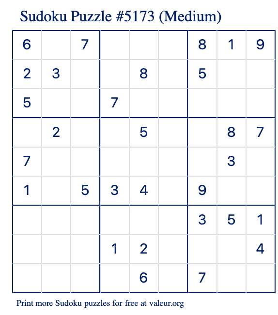 Free Printable Medium Sudoku Puzzle number 5173