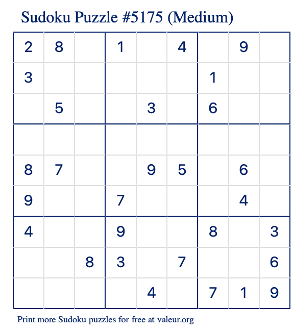 Free Printable Medium Sudoku Puzzle number 5175