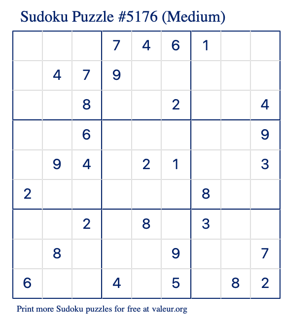 Free Printable Medium Sudoku Puzzle number 5176