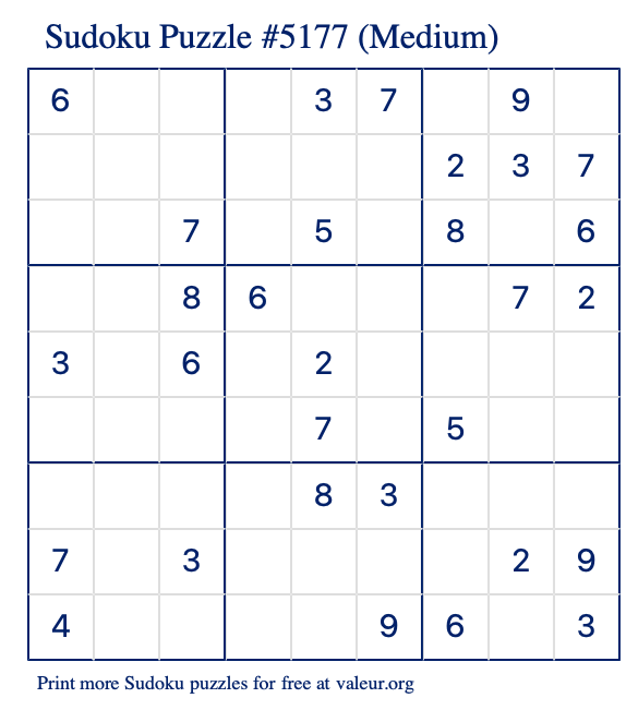 Free Printable Medium Sudoku Puzzle number 5177