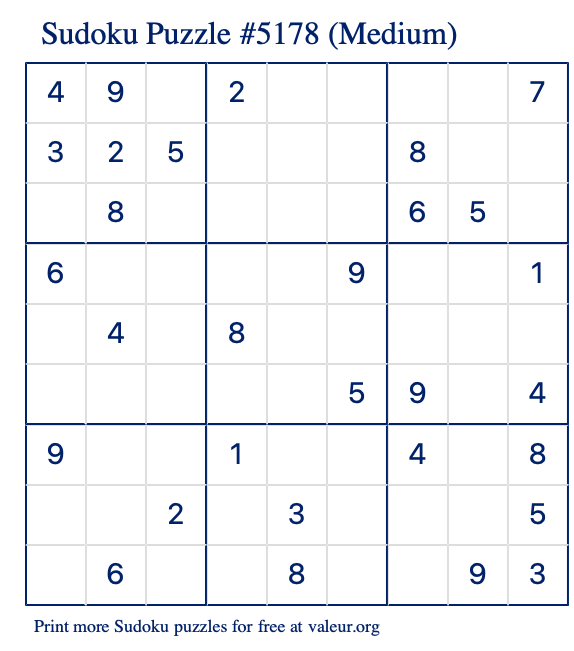 Free Printable Medium Sudoku Puzzle number 5178