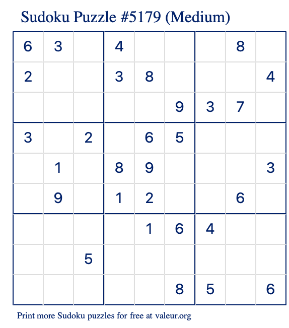Free Printable Medium Sudoku Puzzle number 5179