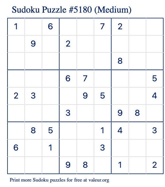 Free Printable Medium Sudoku Puzzle number 5180