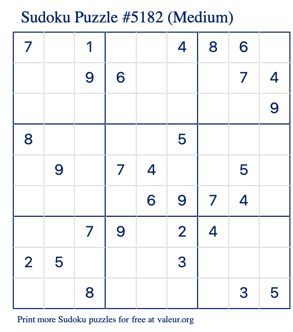 Free Printable Medium Sudoku Puzzle number 5182