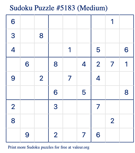 Free Printable Medium Sudoku Puzzle number 5183