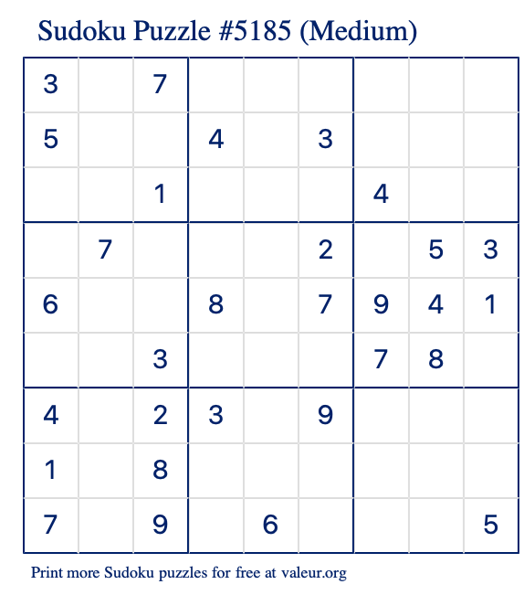 Free Printable Medium Sudoku Puzzle number 5185