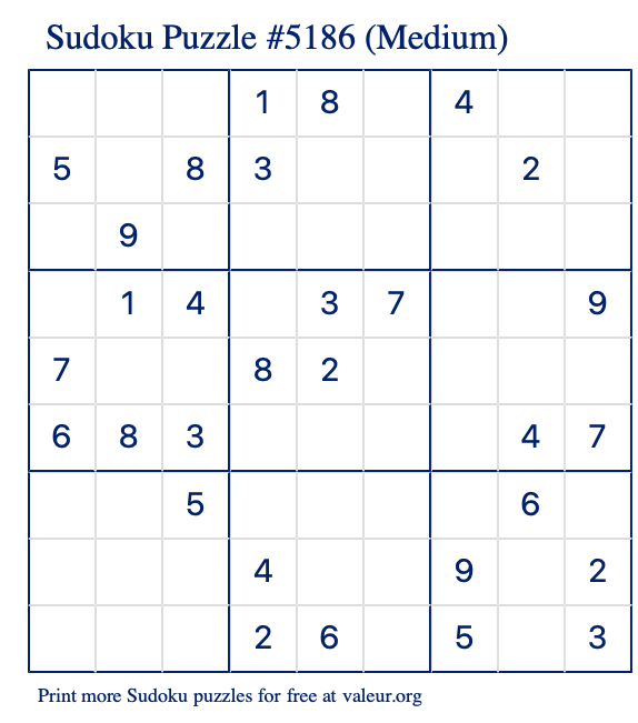 Free Printable Medium Sudoku Puzzle number 5186