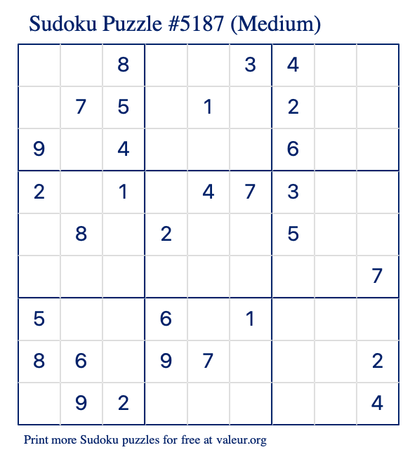 Free Printable Medium Sudoku Puzzle number 5187