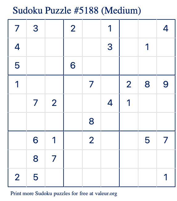 Free Printable Medium Sudoku Puzzle number 5188