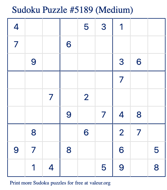 Free Printable Medium Sudoku Puzzle number 5189