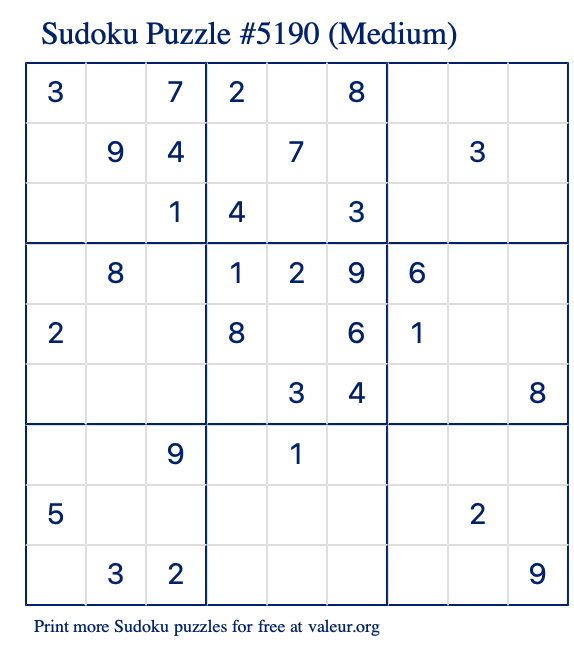 Free Printable Medium Sudoku Puzzle number 5190