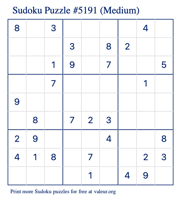 Free Printable Medium Sudoku Puzzle number 5191