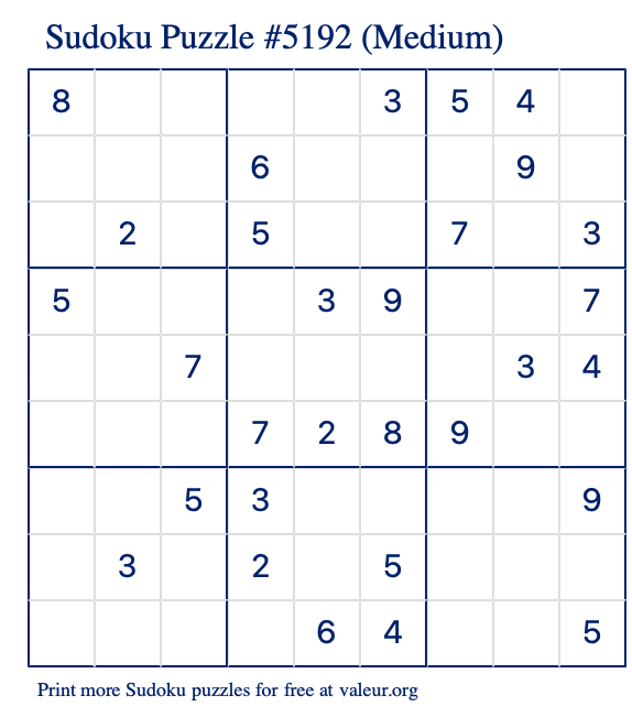 Free Printable Medium Sudoku Puzzle number 5192