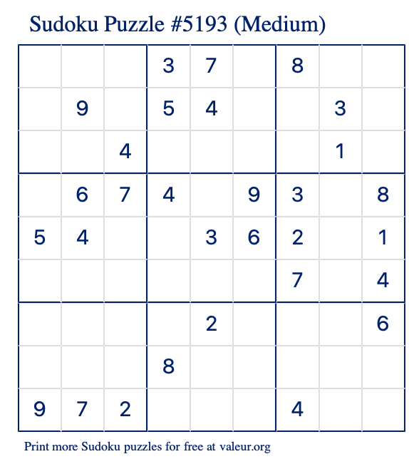 Free Printable Medium Sudoku Puzzle number 5193