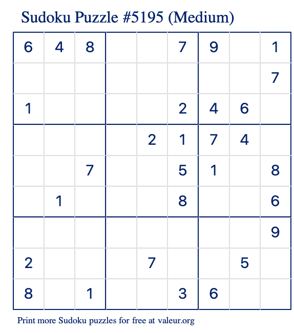 Free Printable Medium Sudoku Puzzle number 5195
