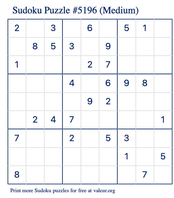 Free Printable Medium Sudoku Puzzle number 5196