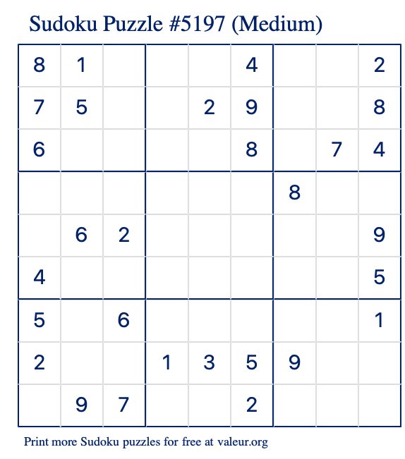 Free Printable Medium Sudoku Puzzle number 5197