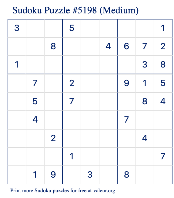 Free Printable Medium Sudoku Puzzle number 5198