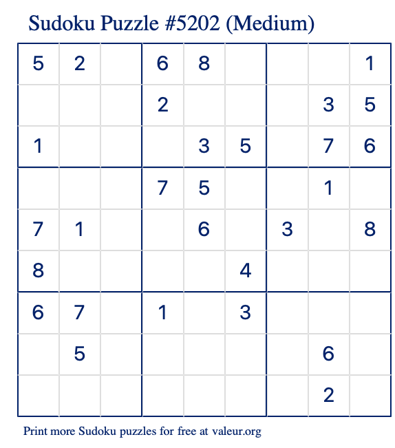 Free Printable Medium Sudoku Puzzle number 5202